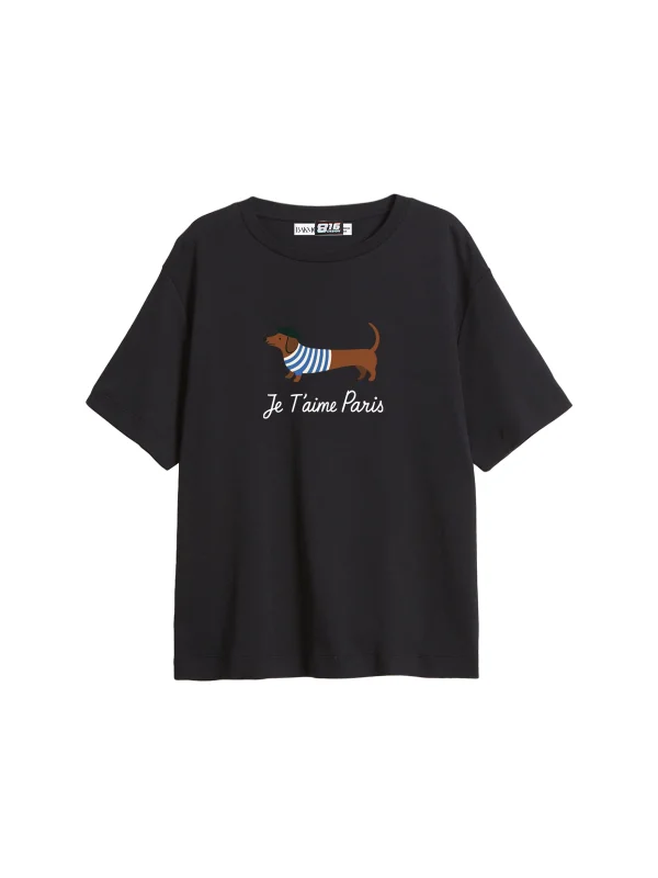 Je Taime Paris Baskılı Relaxed Fit Siyah Kadın Tshirt