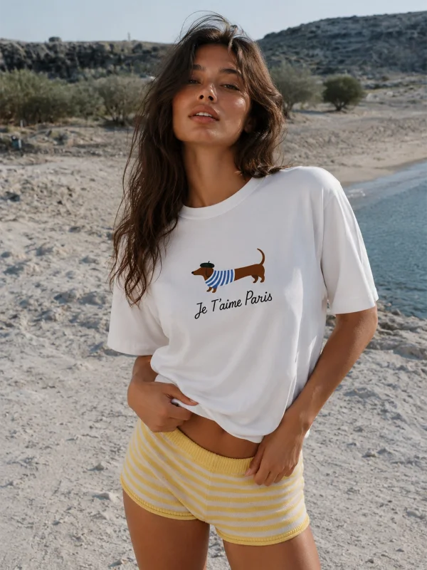 Je Taime Paris Baskılı Relaxed Fit Beyaz Kadın Tshirt