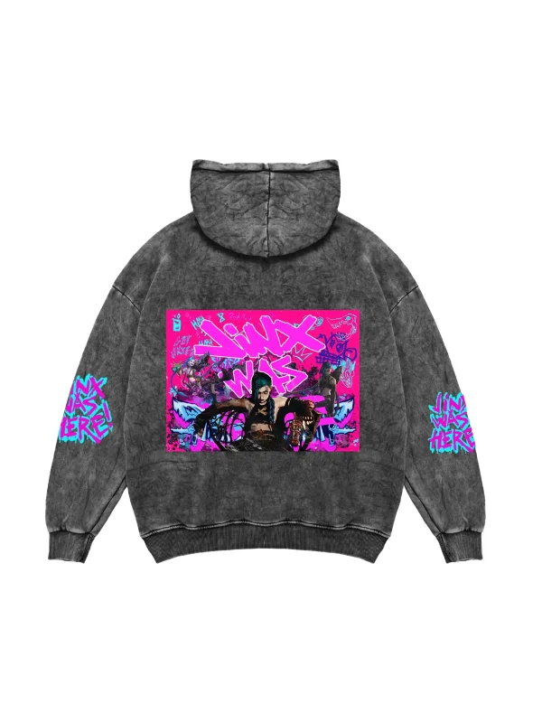 Jinx Arcane Baskılı Oversize Unisex Yıkamalı Siyah Hoodie