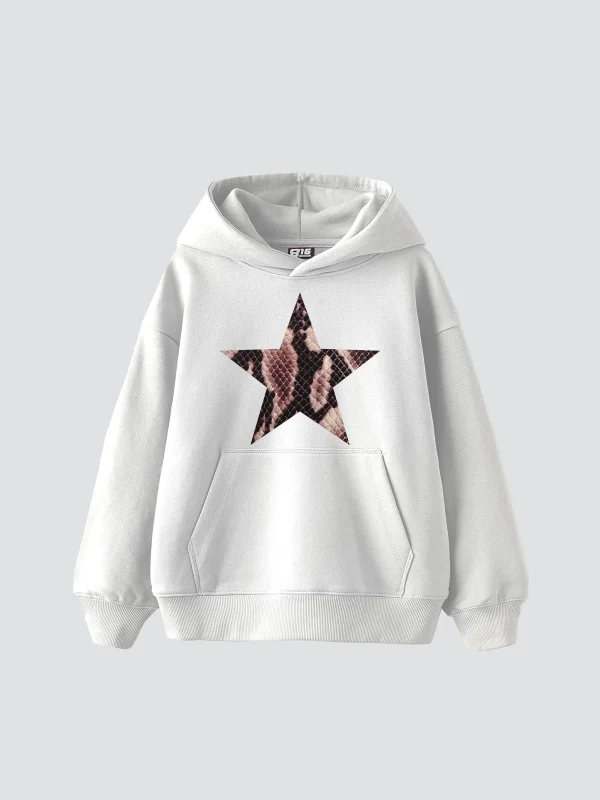 Kahverengi Yılan Starz Baskılı Oversize Unisex Premium Beyaz Hoodie