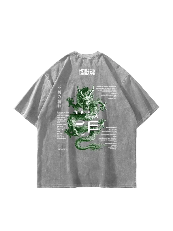 Kaiju Tamashii Ejderha Baskılı Yıkamalı Beyaz Oversize Tshirt