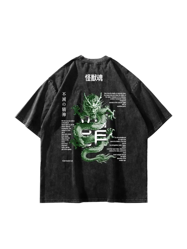 Kaiju Tamashii Ejderha Baskılı Yıkamalı Siyah Oversize Tshirt