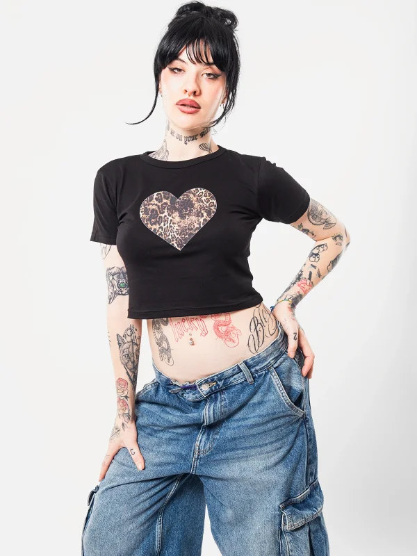 Kalp Leopar Baskılı Siyah Crop Top