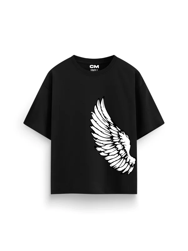 Kanat V2 Baskılı Rahat Kalıp 30/1 Unisex Siyah Tshirt