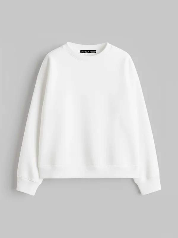 Kapüşonsuz Relaxed Fit Kadın Beyaz Basic Sweatshirt