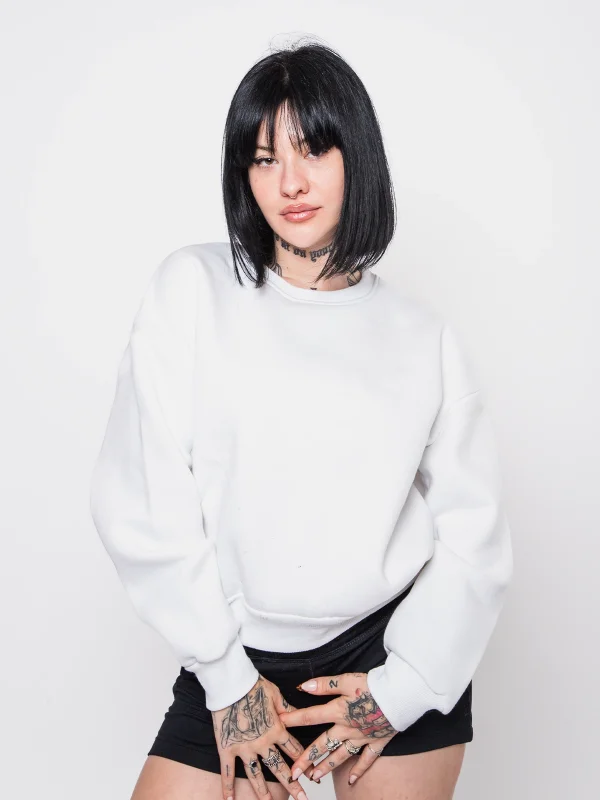 Kapüşonsuz Relaxed Fit Kadın Beyaz Basic Sweatshirt