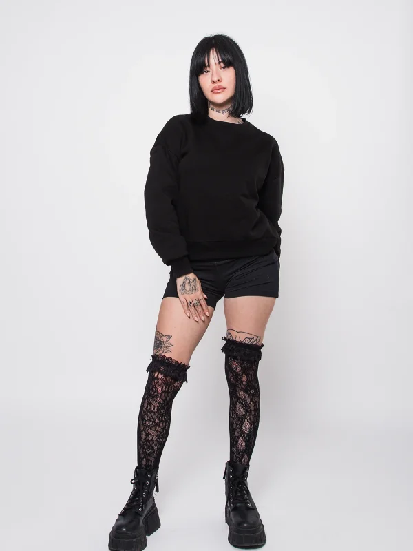 Kapüşonsuz Relaxed Fit Kadın Siyah Basic Sweatshirt