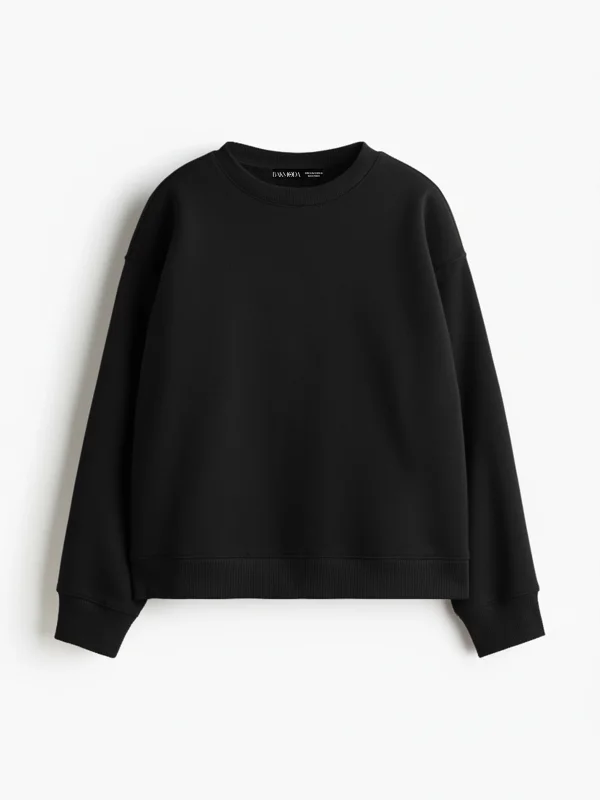 Kapüşonsuz Relaxed Fit Kadın Siyah Basic Sweatshirt