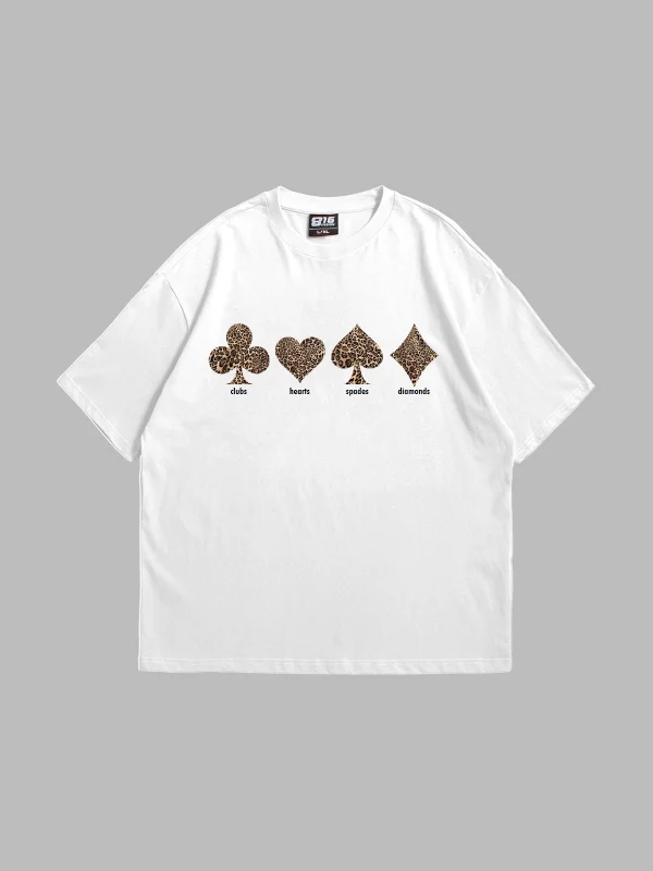 Karma Leopar Baskılı Oversize Unisex Premium Beyaz Tshirt