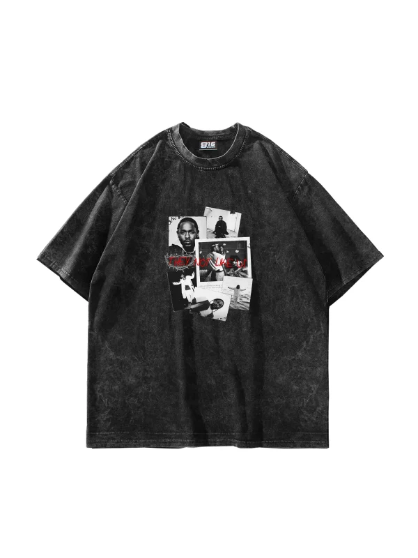 Kendrick Baskılı Oversize Unisex Yıkamalı Siyah Tshirt