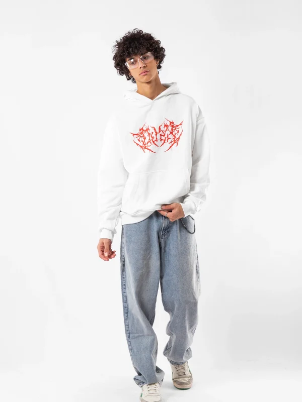 Kırmızı Dusk Baskılı Oversize Unisex Beyaz Hoodie