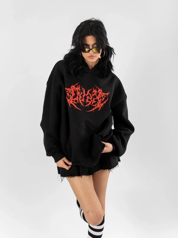 Kırmızı Dusk Baskılı Oversize Unisex Siyah Hoodie