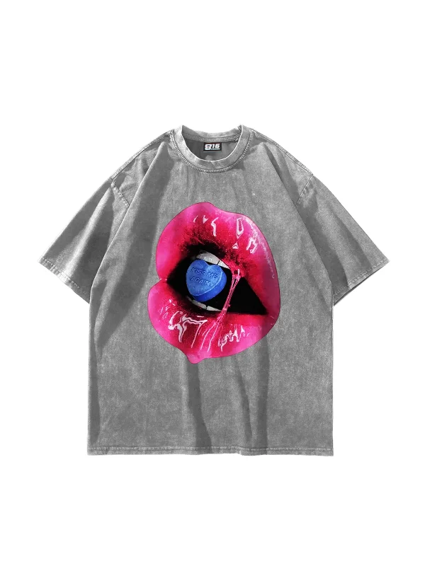 Kiss Me Again Baskılı Oversize Unisex Yıkamalı Beyaz Tshirt