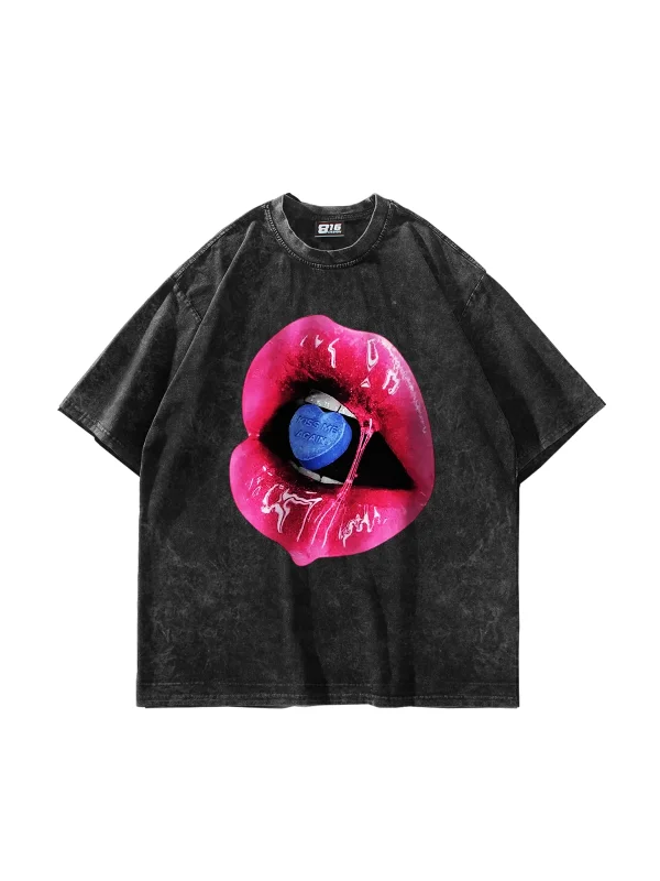 Kiss Me Again Baskılı Oversize Unisex Yıkamalı Siyah Tshirt