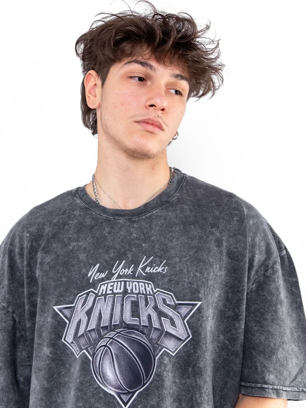 Knicks Baskılı Oversize Unisex Yıkamalı Siyah Tshirt