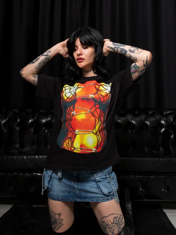 Knot Boobs Baskılı Relaxed Fit Siyah Kadın Tshirt