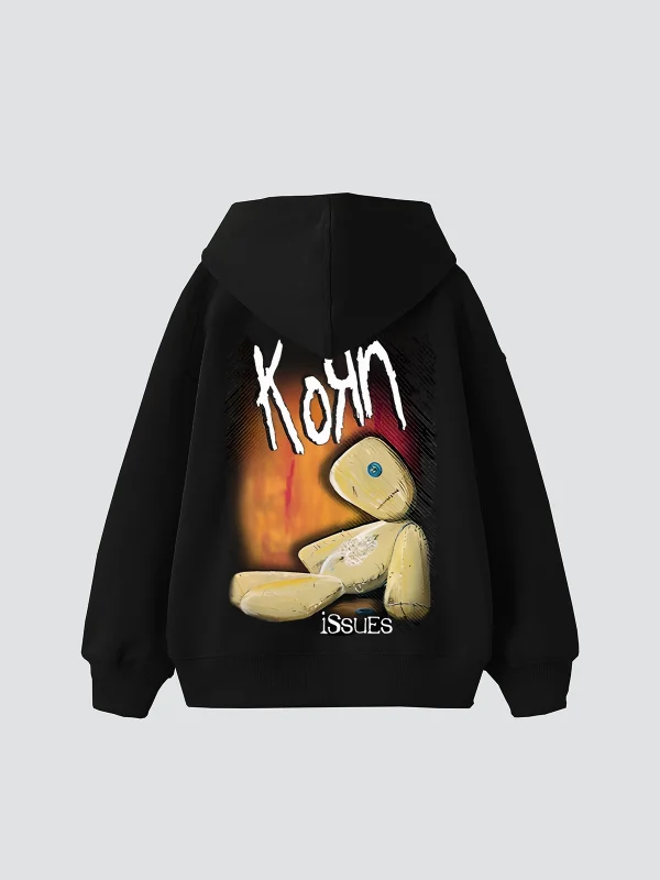 Korn Baskılı Oversize Unisex Siyah Hoodie