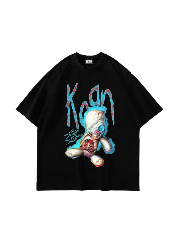 Korn Sos Doll Baskılı Oversize Unisex Siyah Tshirt