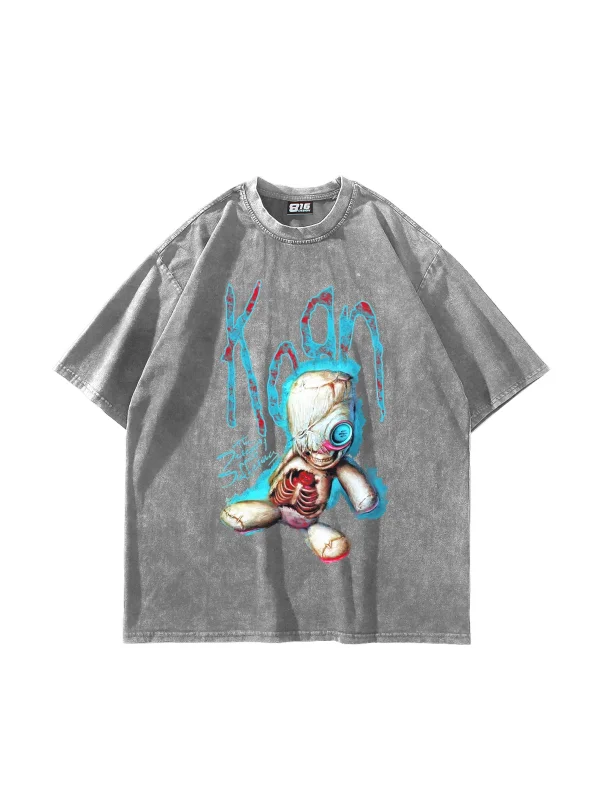 Korn Sos Doll Baskılı Oversize Unisex Yıkamalı Beyaz Tshirt