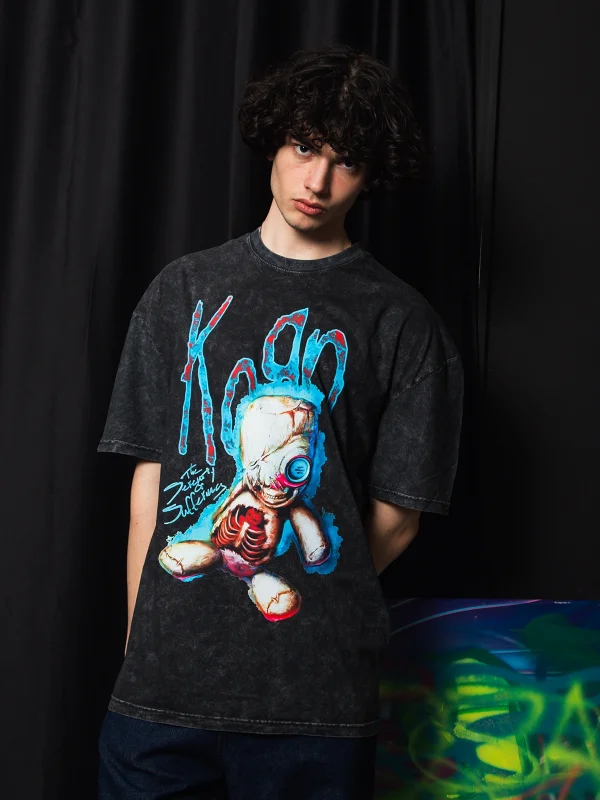 Korn Sos Doll Baskılı Oversize Unisex Yıkamalı Siyah Tshirt