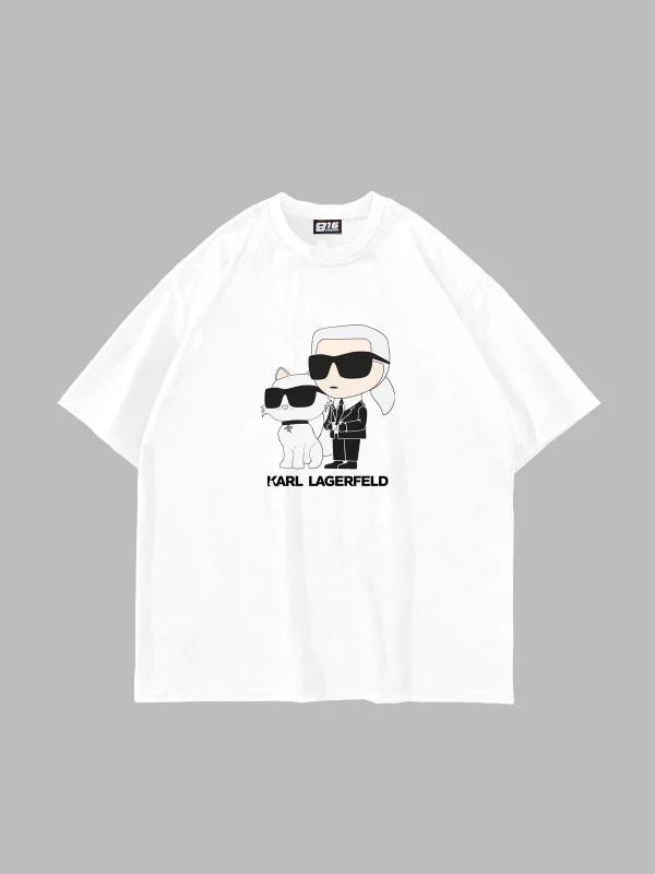 Krl Lagrfld Baskılı Oversize Unisex Beyaz Tshirt