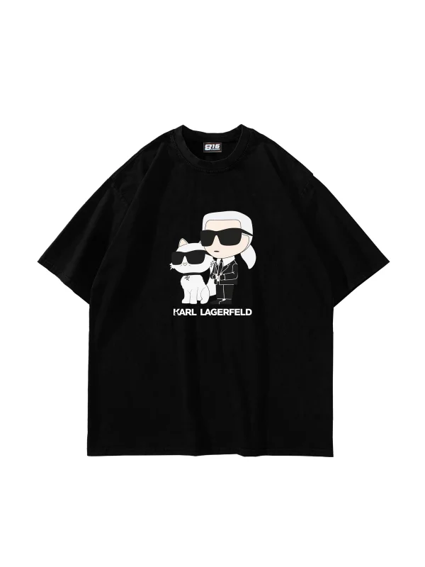 Krl Lagrfld Baskılı Oversize Unisex Siyah Tshirt