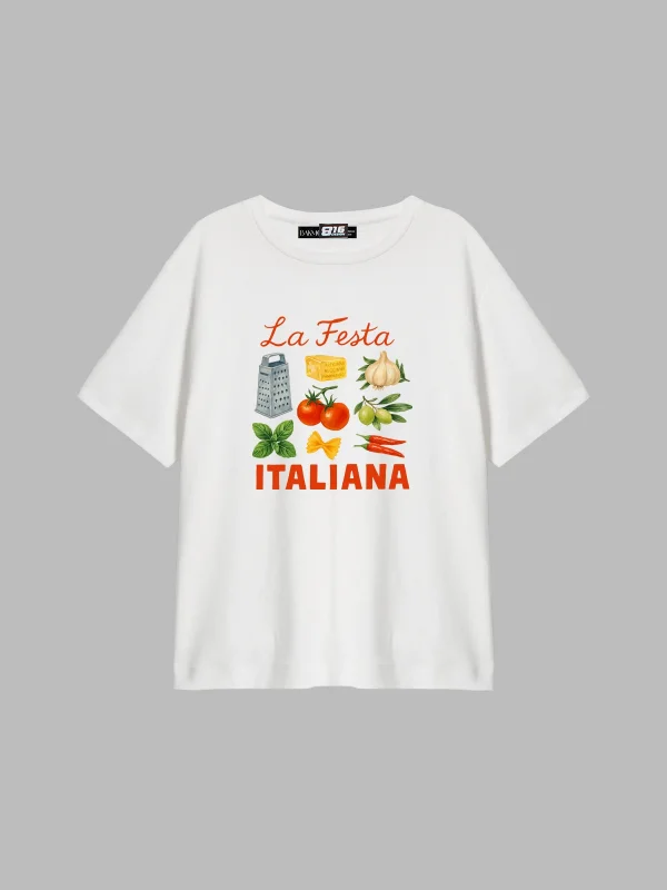 La Festa İtaliana Baskılı Relaxed Fit Beyaz Kadın Tshirt