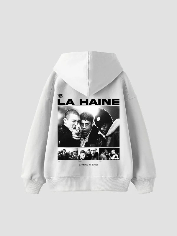 La Haine Baskılı Oversize Unisex Beyaz Hoodie