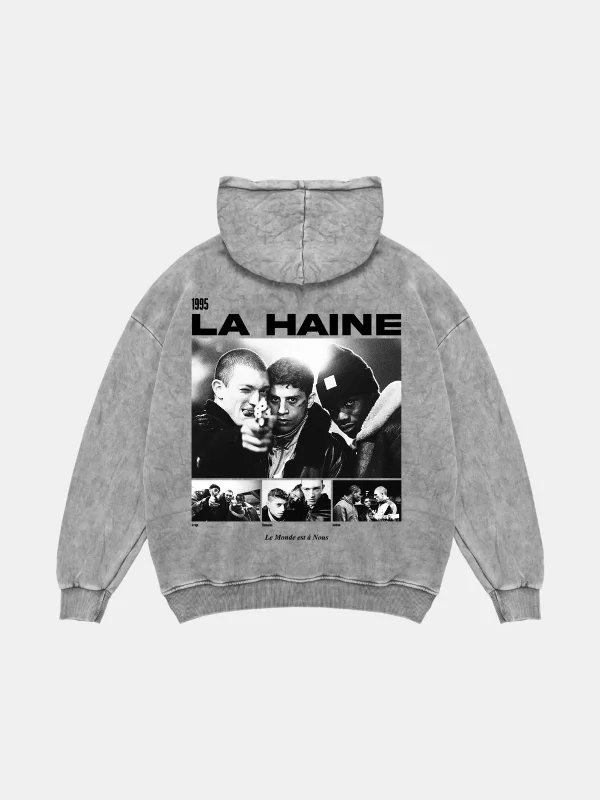 La Haine Baskılı Oversize Unisex Yıkamalı Beyaz Hoodie