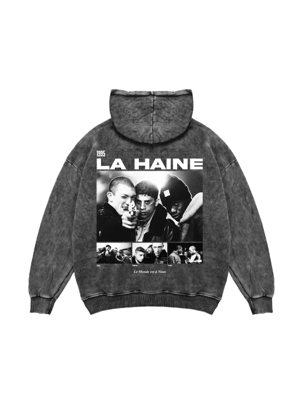 La Haine Baskılı Oversize Unisex Yıkamalı Siyah Hoodie