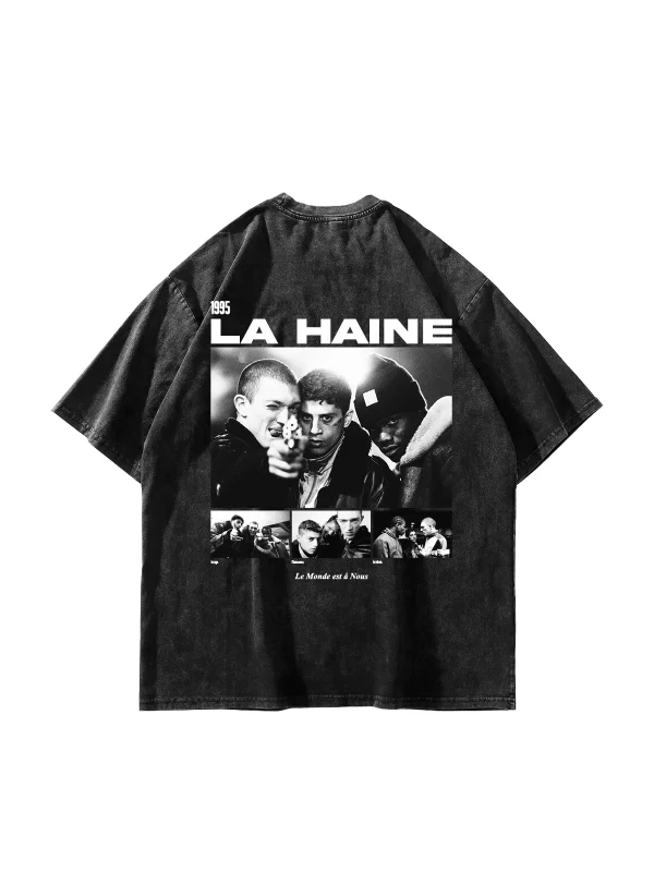 La Haine Baskılı Oversize Unisex Yıkamalı Siyah Tshirt
