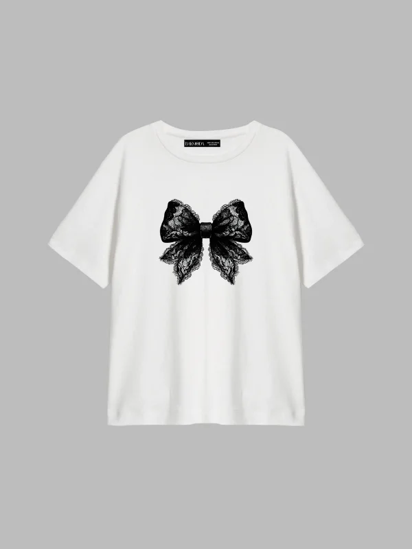 Lace Cute Ribbon Baskılı Relaxed Fit Beyaz Kadın Tshirt