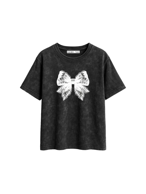 Lace Cute Ribbon Baskılı Relaxed Fit Yıkamalı Siyah Kadın Tshirt