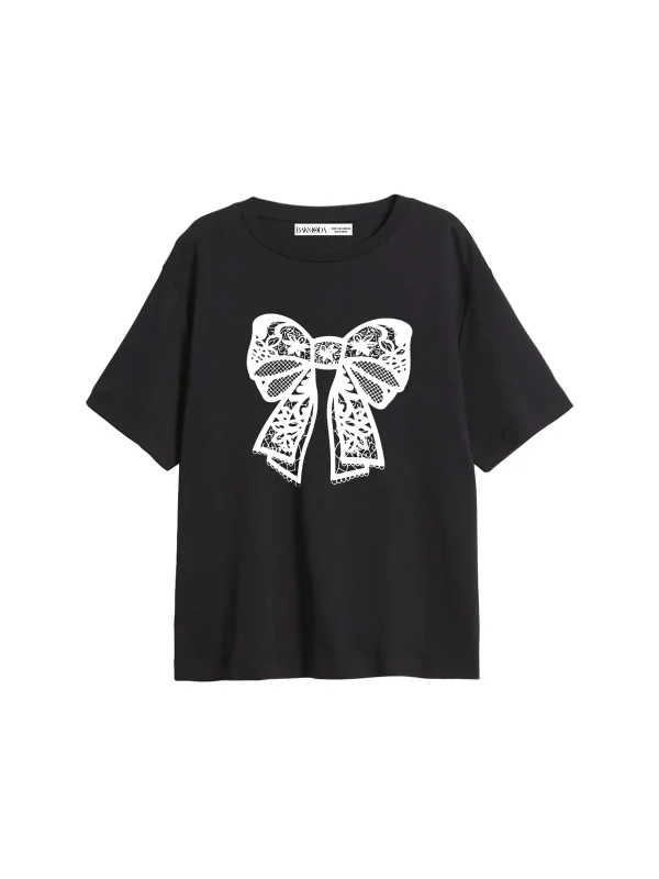 Lace Ribbon Baskılı Relaxed Fit Siyah Kadın Tshirt