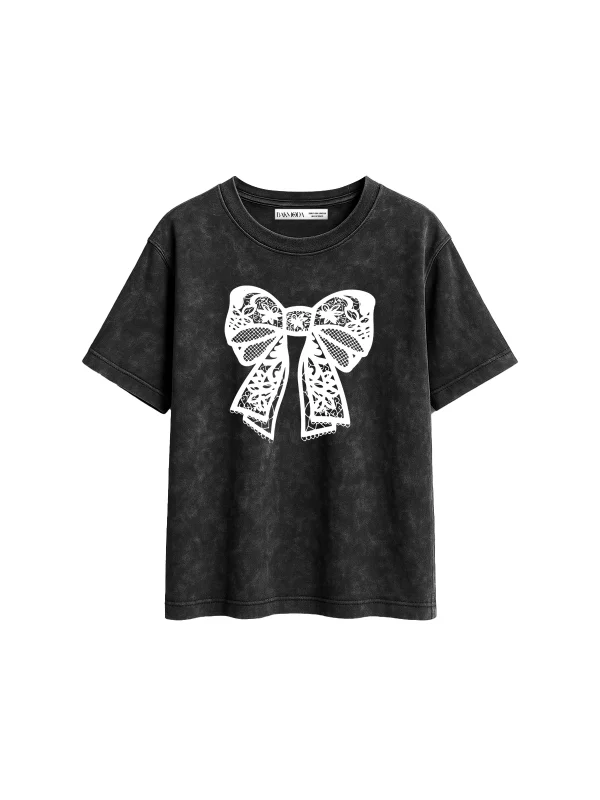 Lace Ribbon Baskılı Relaxed Fit Yıkamalı Siyah Kadın Tshirt