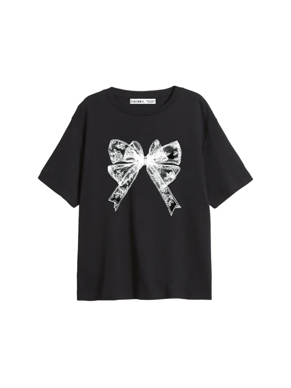 Lace V2 Ribbon Baskılı Relaxed Fit Siyah Kadın Tshirt