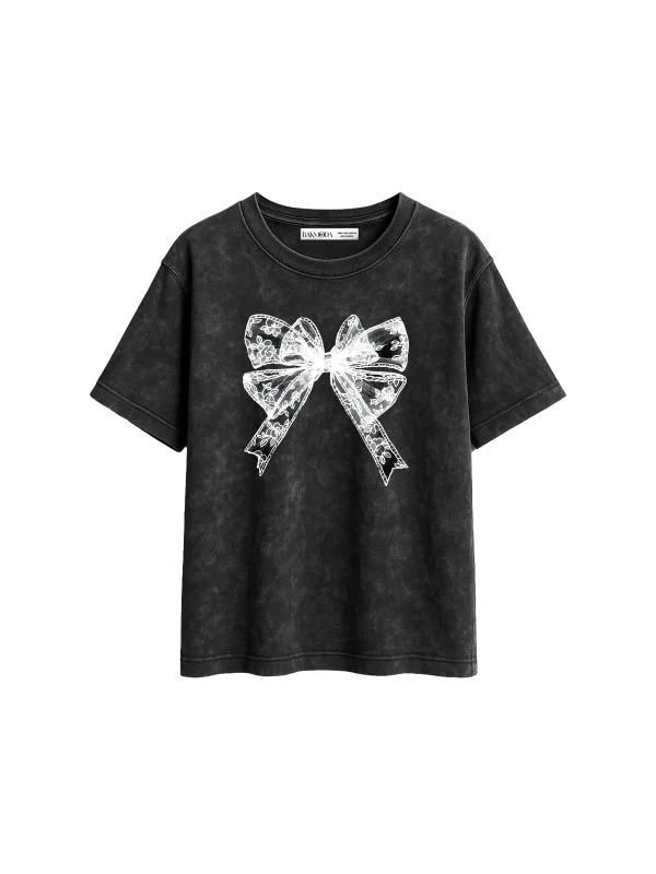 Lace V2 Ribbon Baskılı Relaxed Fit Yıkamalı Siyah Kadın Tshirt