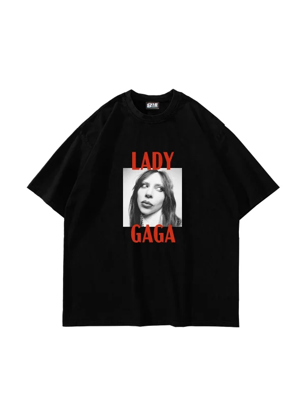 Lady Gaga Photo Baskılı Oversize Unisex Siyah Tshirt
