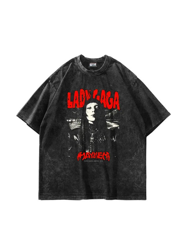 Lady Gaga Baskılı Oversize Unisex Yıkamalı Siyah Tshirt