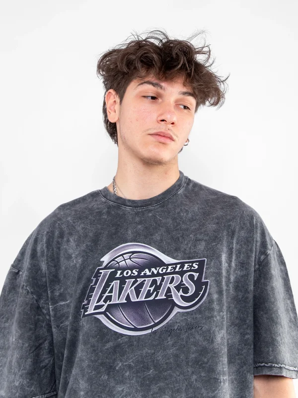 Lakers Baskılı Oversize Unisex Yıkamalı Siyah Tshirt