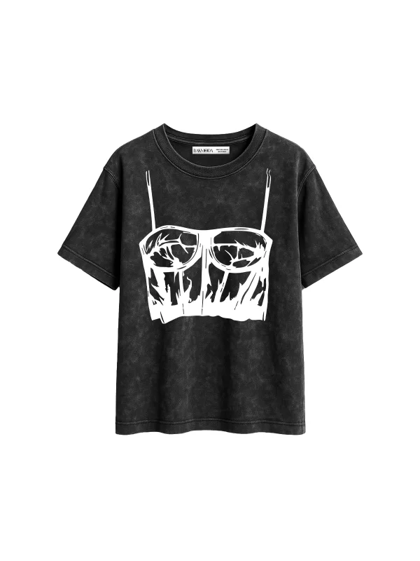 Leather Shine Baskılı Relaxed Fit Yıkamalı Siyah Kadın Tshirt