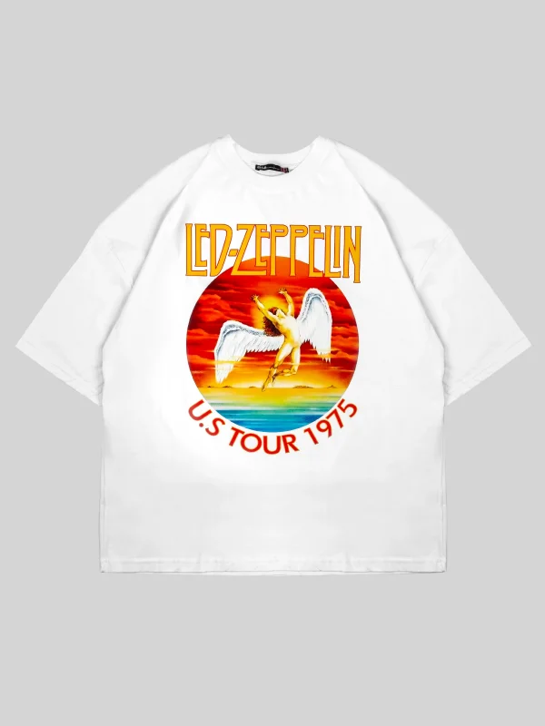 Led Zeppelin Baskılı Beyaz Oversize Tshirt