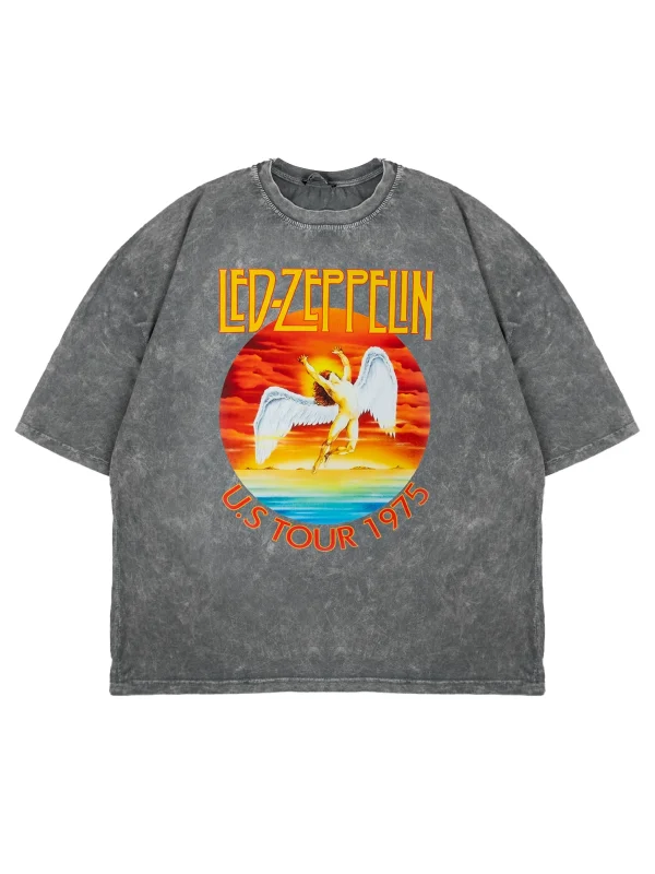 Led Zeppelin Baskılı Yıkamalı Beyaz Oversize Tshirt