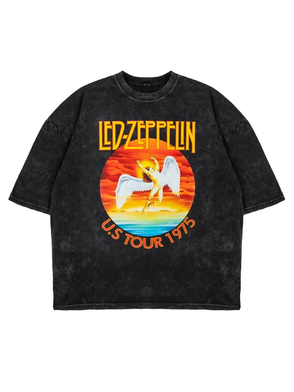 Led Zeppelin Baskılı Yıkamalı Siyah Oversize Tshirt