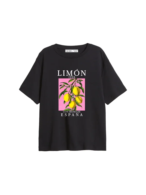Lemon Baskılı Relaxed Fit Siyah Kadın Tshirt