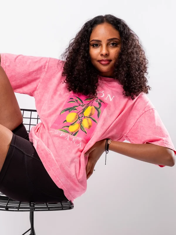 Lemon Baskılı Relaxed Fit Yıkamalı Pembe Kadın Tshirt