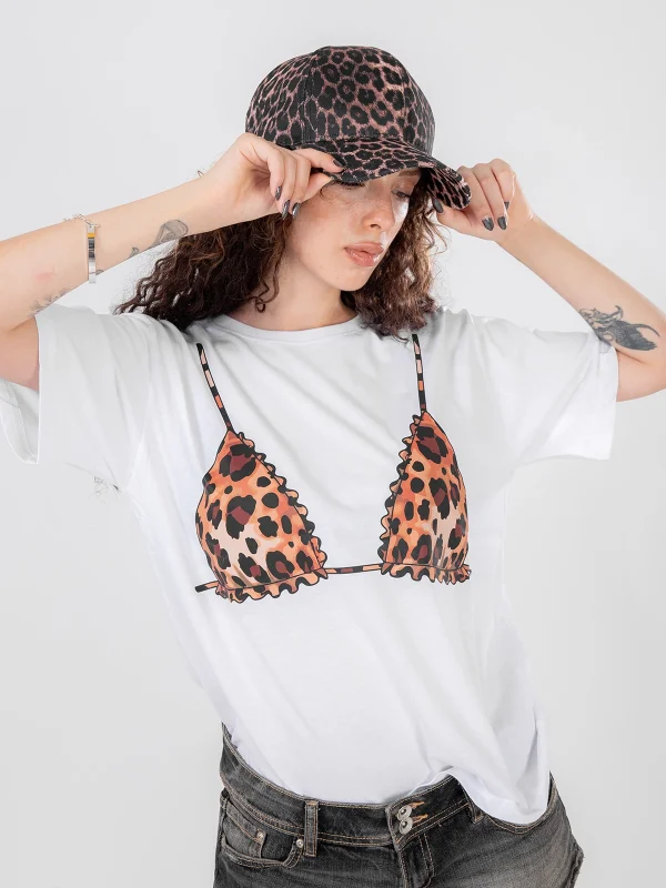 Leo Bikini Baskılı Relaxed Fit Beyaz Kadın Tshirt