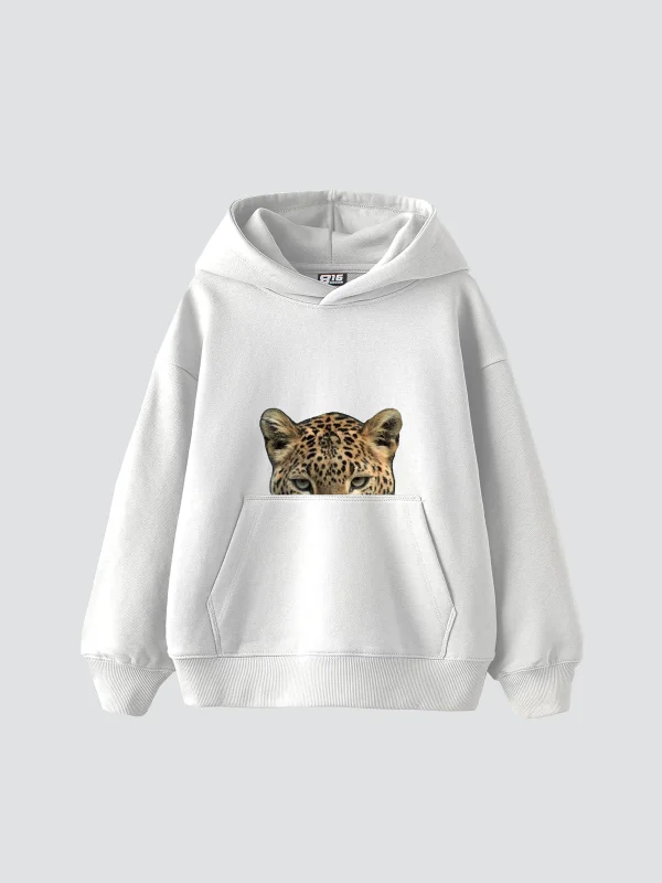 Leopar Eyes Baskılı Oversize Unisex Premium Beyaz Hoodie