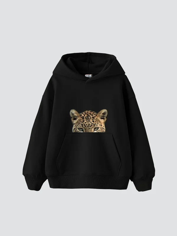 Leopar Eyes Baskılı Oversize Unisex Premium Siyah Hoodie
