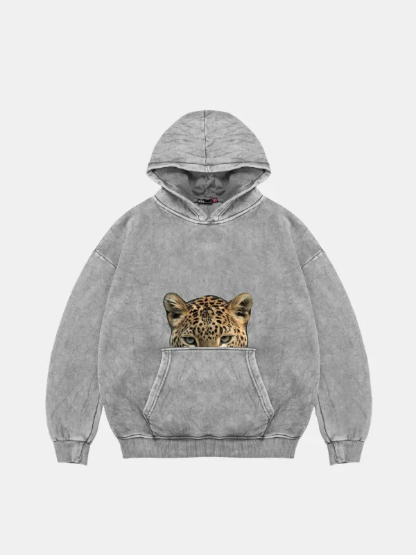 Leopar Eyes Baskılı Oversize Unisex Premium Yıkamalı Beyaz Hoodie